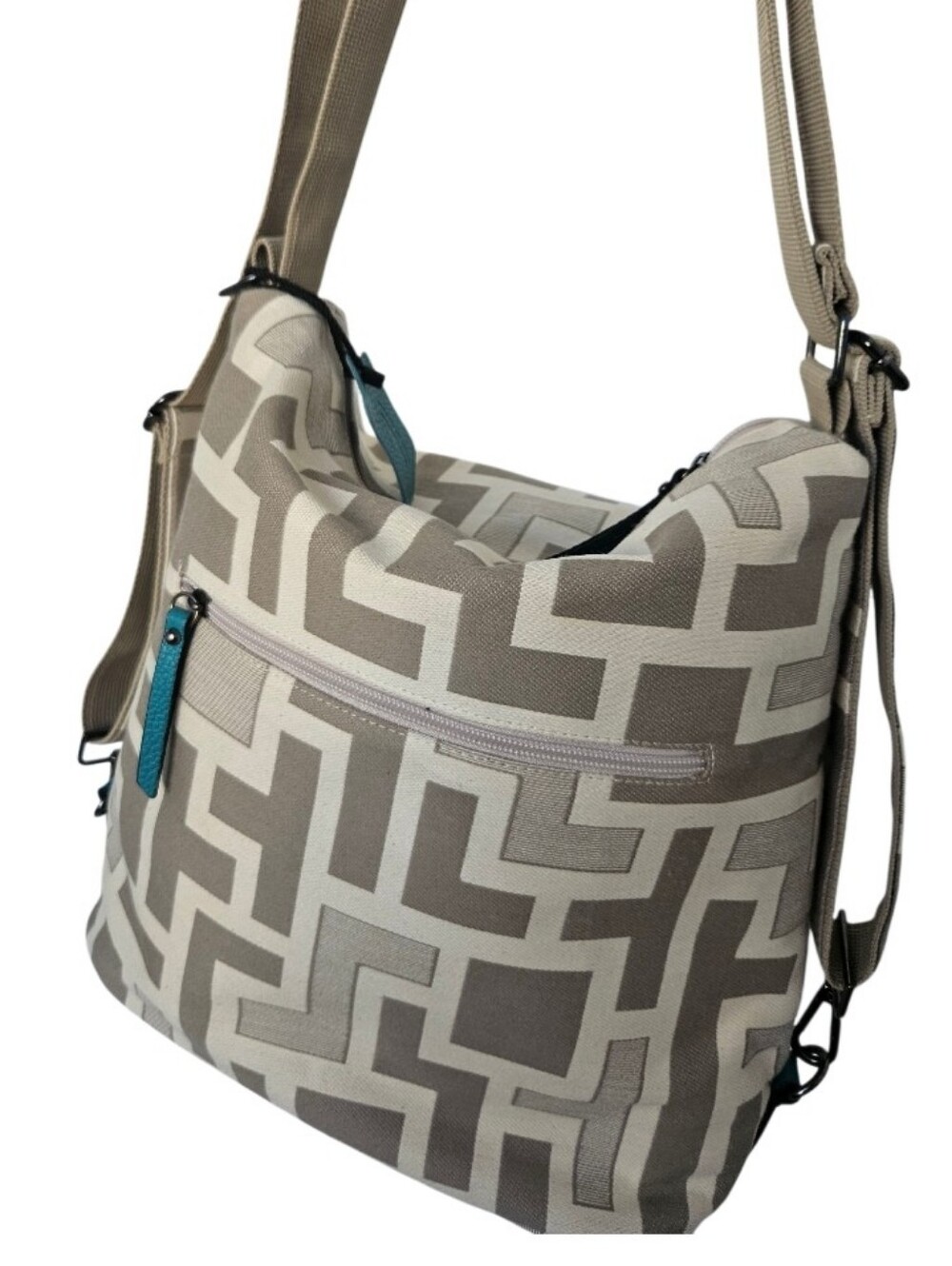 Forest Canvas Geo-Pattern Backpack -Sholder Bag with Teal Leather Pocket - Picture 4 of 16